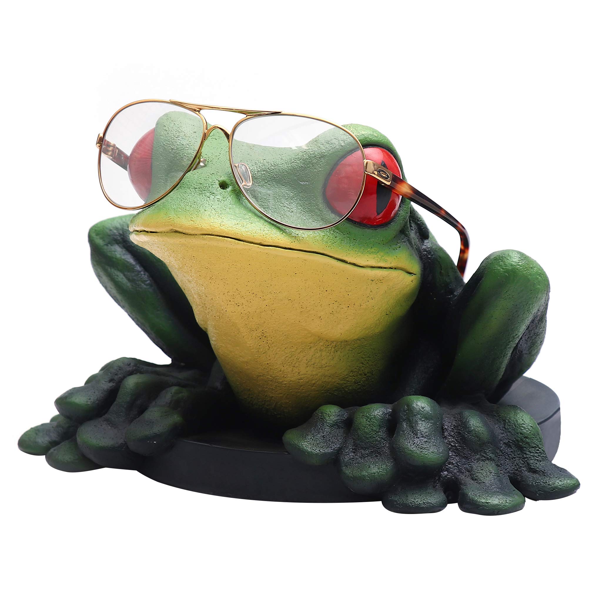 Grön grodfigur med glasögon och runda, guldfärgade bågar.