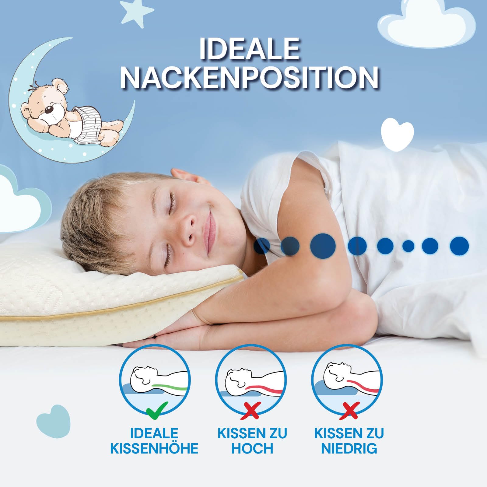 Barn sover på sidan med huvudet på en kudde i idealisk nackposition.