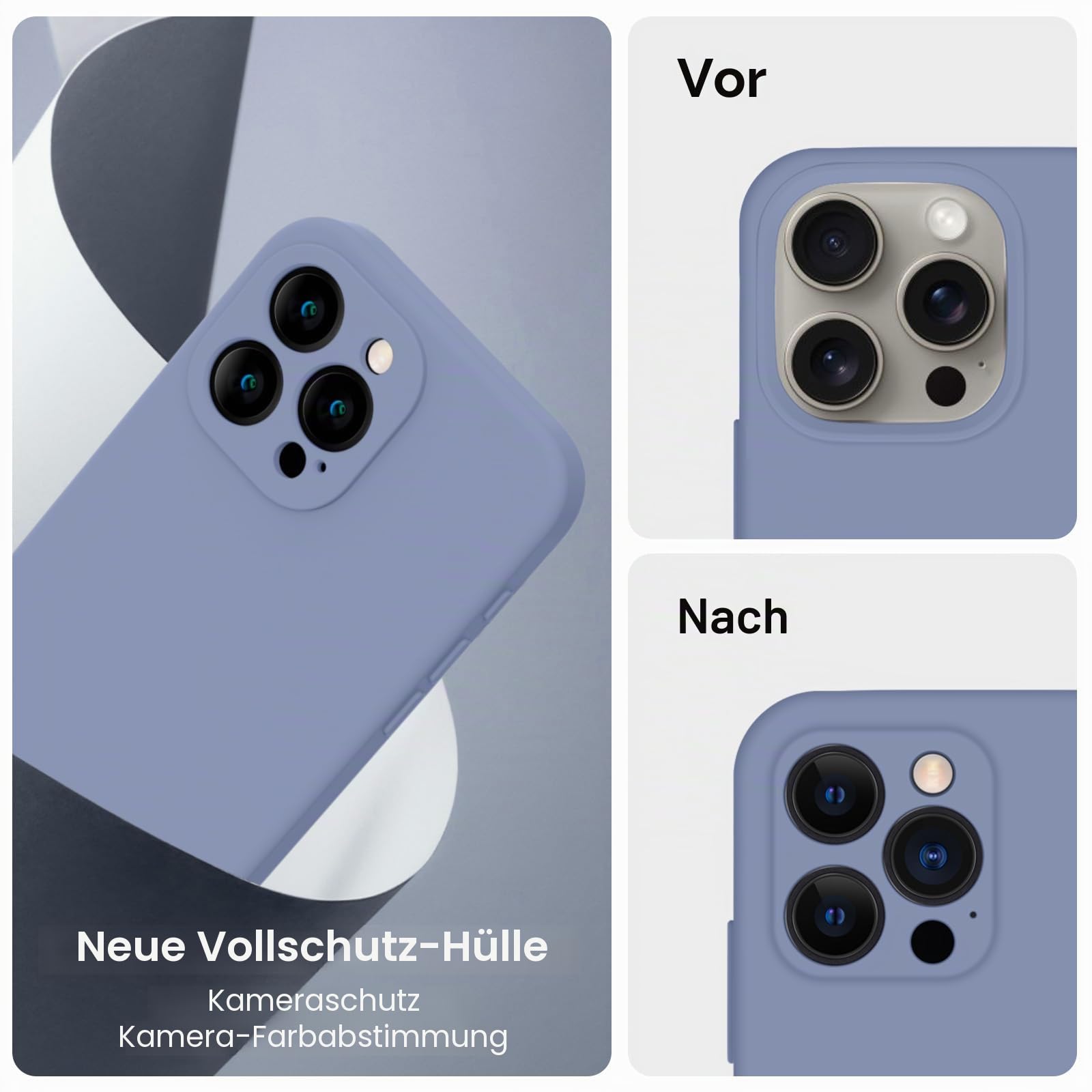 Lavendelgrått iPhonefodral med upphöjt kameralinsskydd, visat före och efter montering.