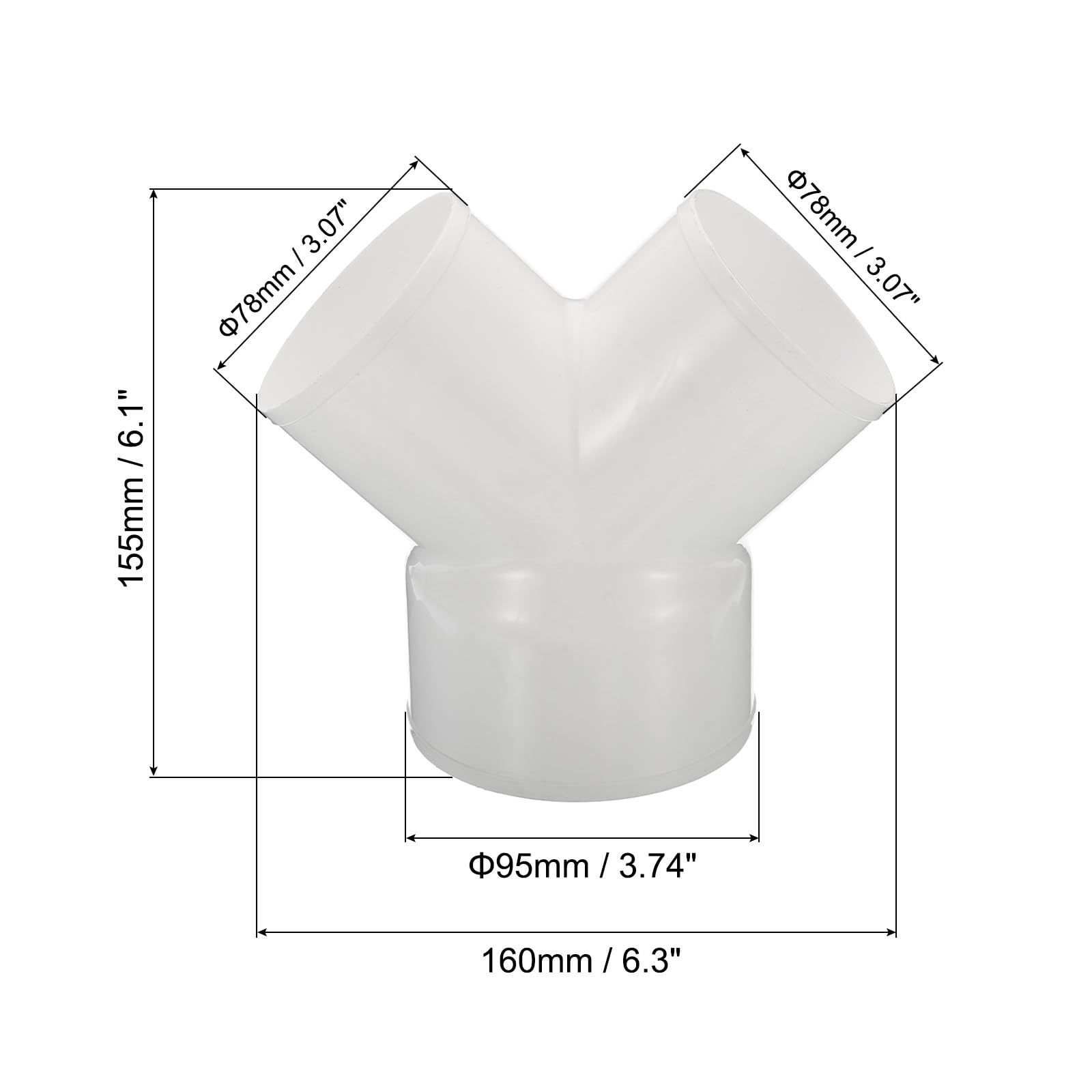 Vit Y-formad ventilationskoppling med måttangivelser och tre runda anslutningar.