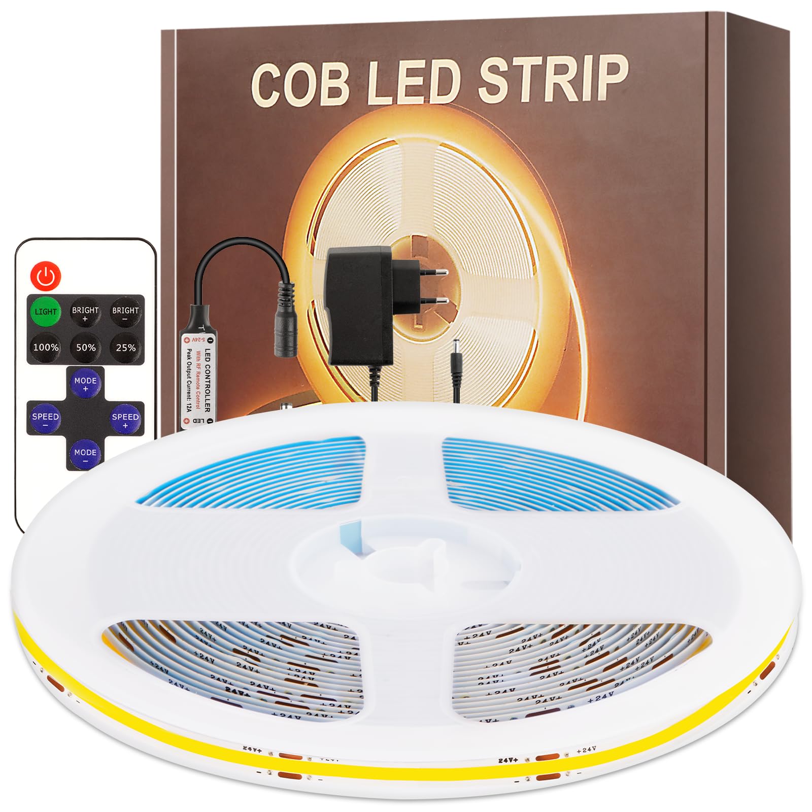 Vit LED-list på spole med fjärrkontroll och förpackning i bakgrunden.