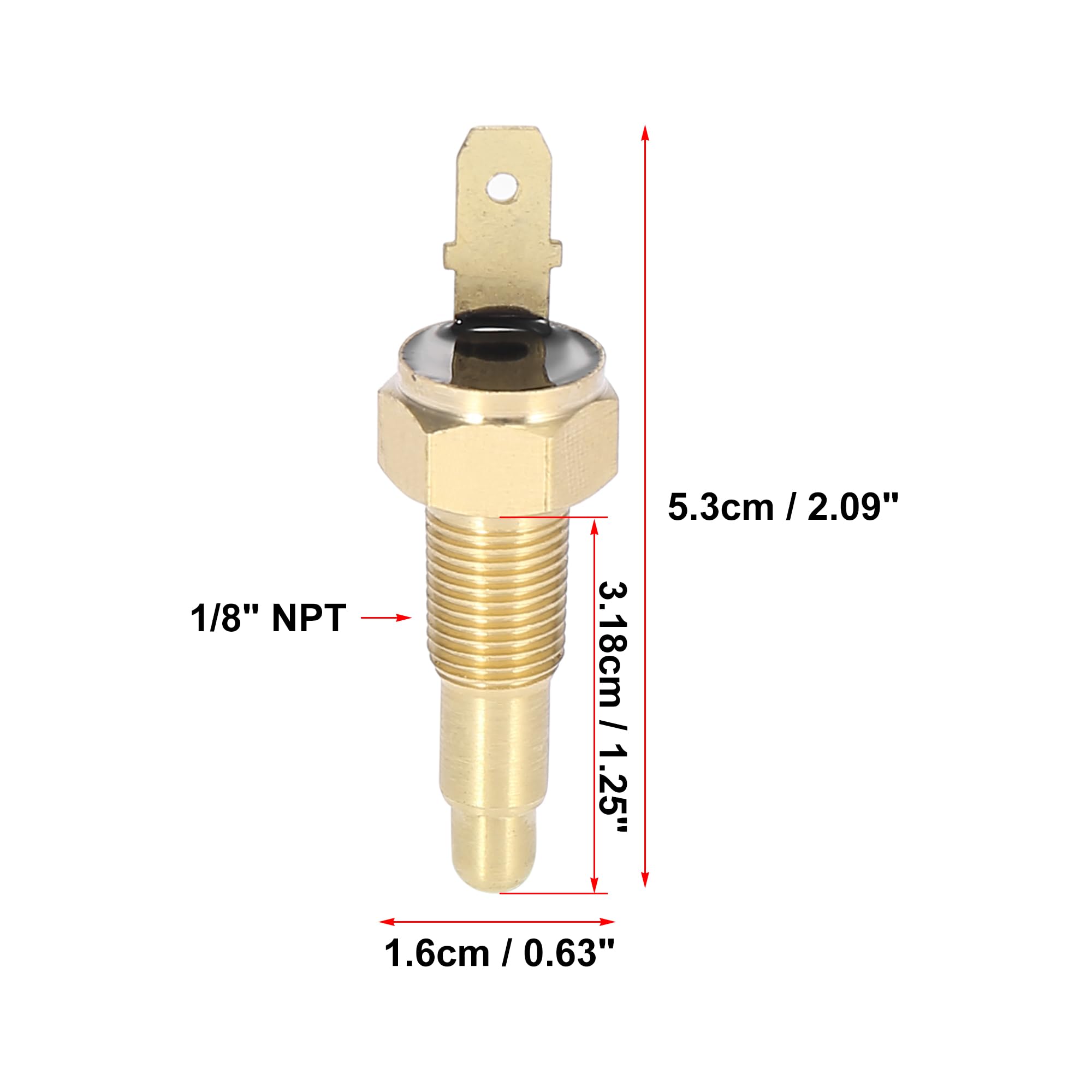 Termokontakt med 1/8″ NPT-gänga och måttangivelser i centimeter och tum.