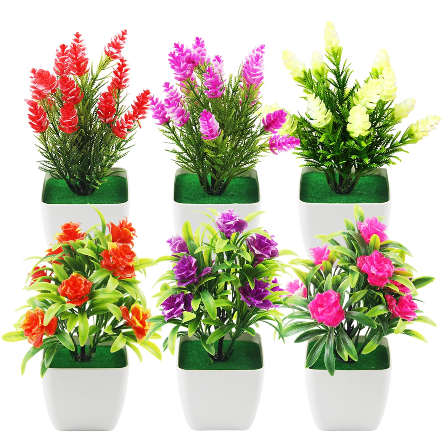 Sex konstgjorda blomväxter i vita krukor med färgglada blommor.