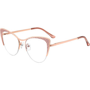 Rosa cat-eye-glasögon i metall med halvkantad båge och dekorativa mönster.