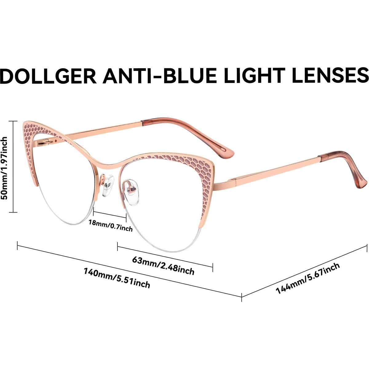 Rosa cat-eye-glasögon i metall med halvkantad båge och transparenta glas.