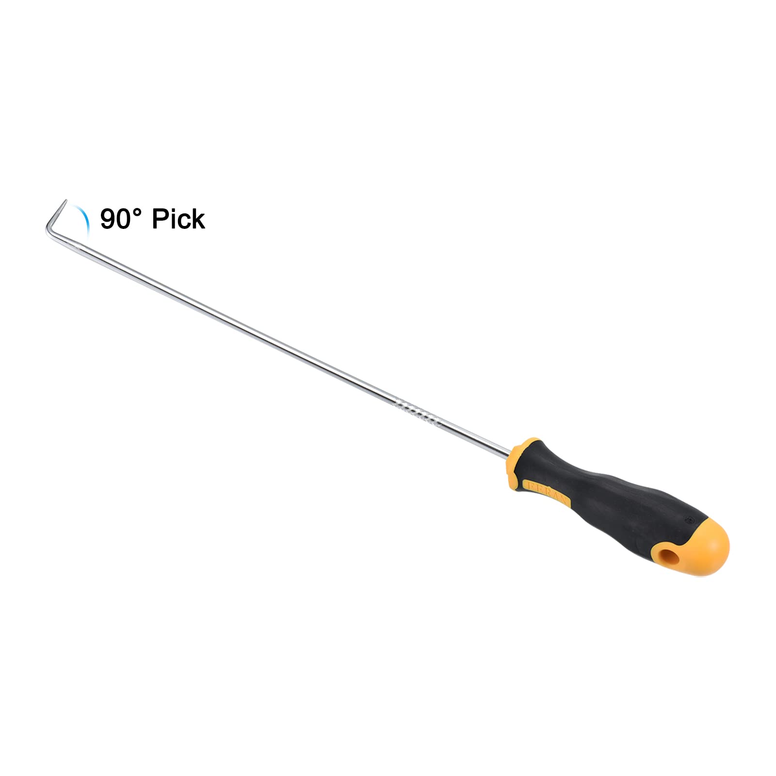 Långt handverktyg med svart och orange handtag samt 90 graders böjd spets.