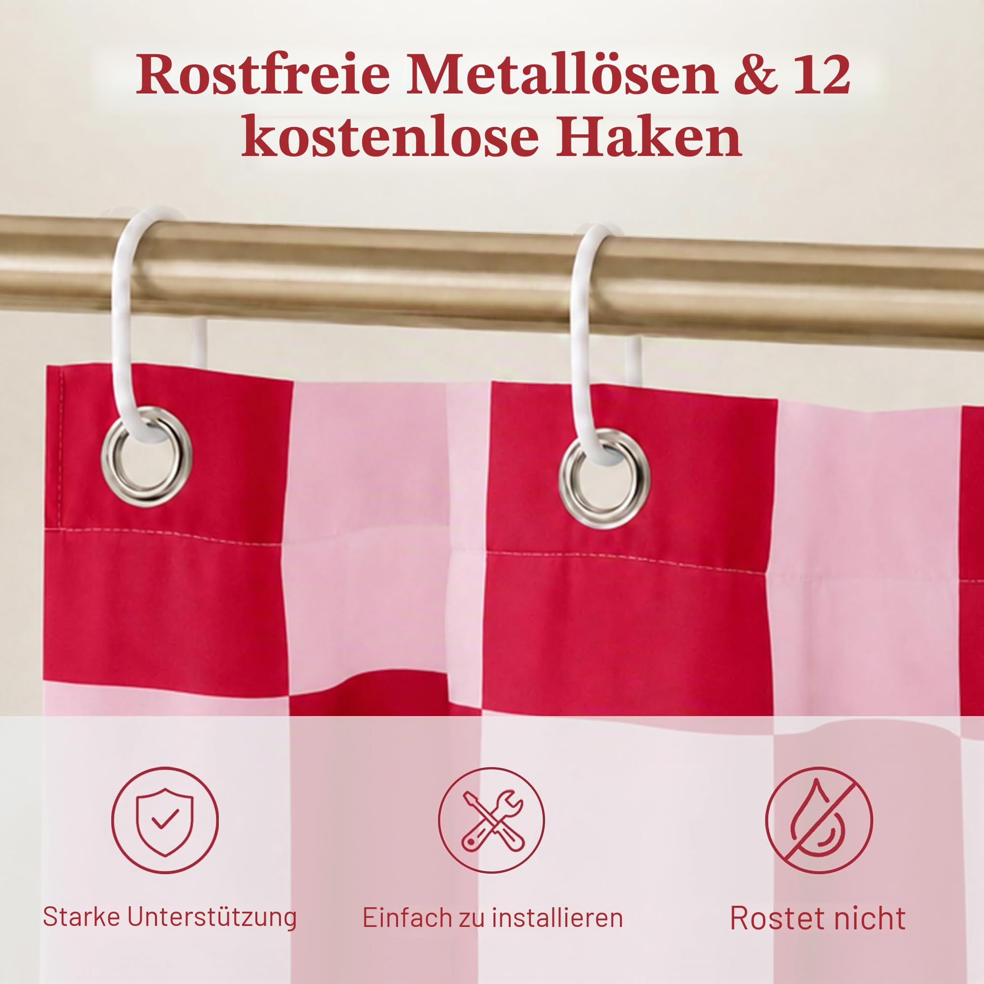 Närbild av rosa och röda rutor med vita duschdraperikrokar och metallringar på en stång