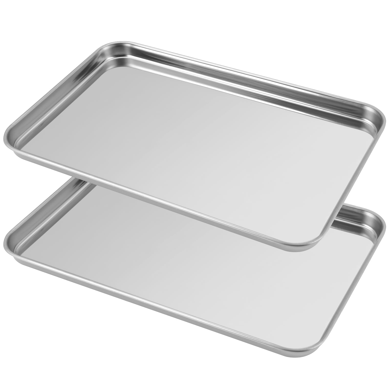 Två staplade rektangulära silverfärgade brickor med upphöjda kanter.