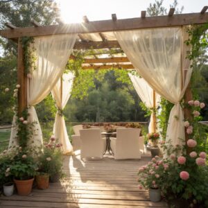 Beiga utomhusgardiner upphängda i en träpergola med sittgrupp och blommande växter.