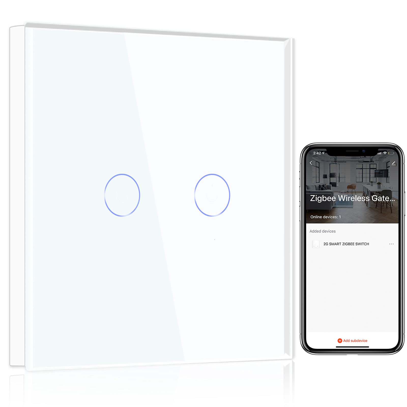 Vit glasströmbrytare med två runda touchknappar bredvid en smartphone med Zigbee-app.