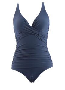 Mörkblå baddräkt med V-ringning och draperad front.