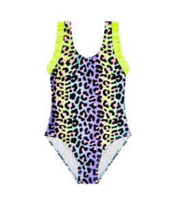 Flickbaddräkt i ett stycke med färgglatt leopardmönster och volangdetaljer på axlarna