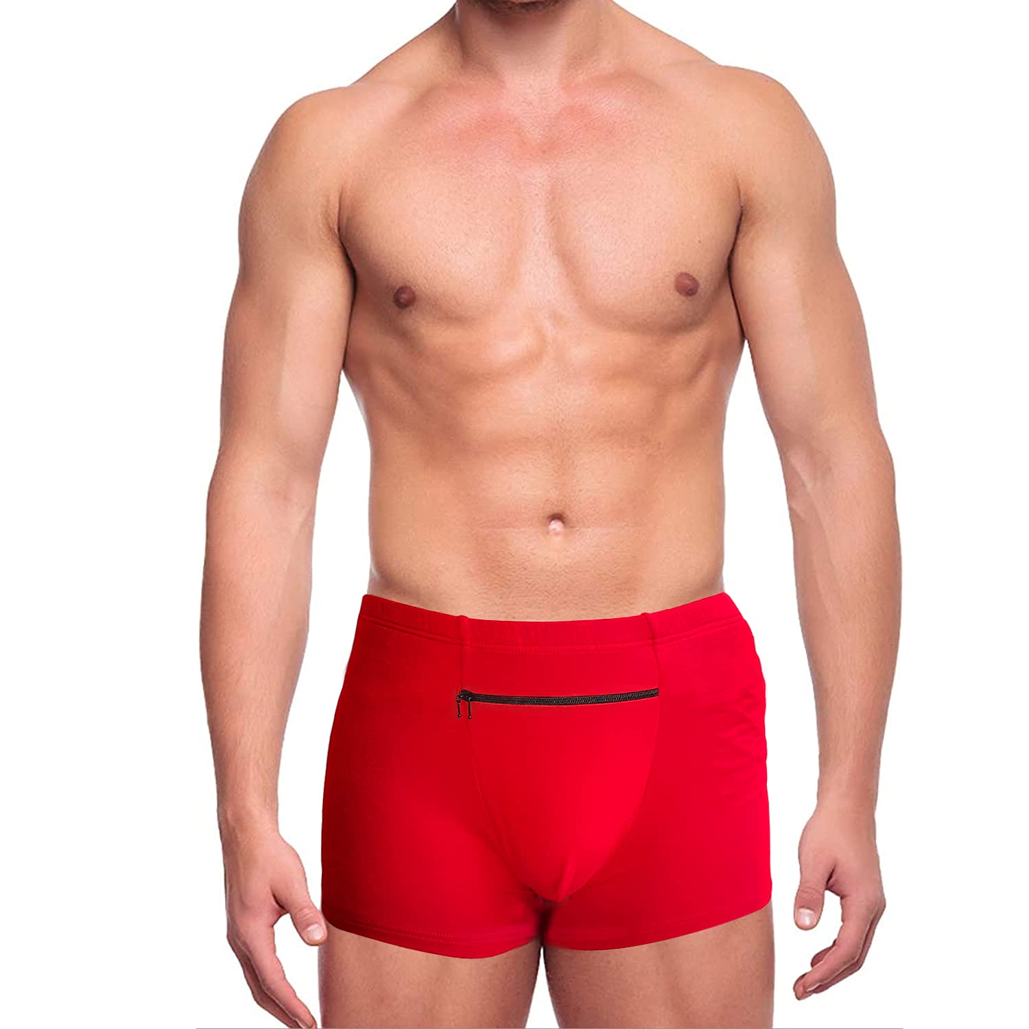 Man i röda boxershorts med svart dragkedjeficka framtill.