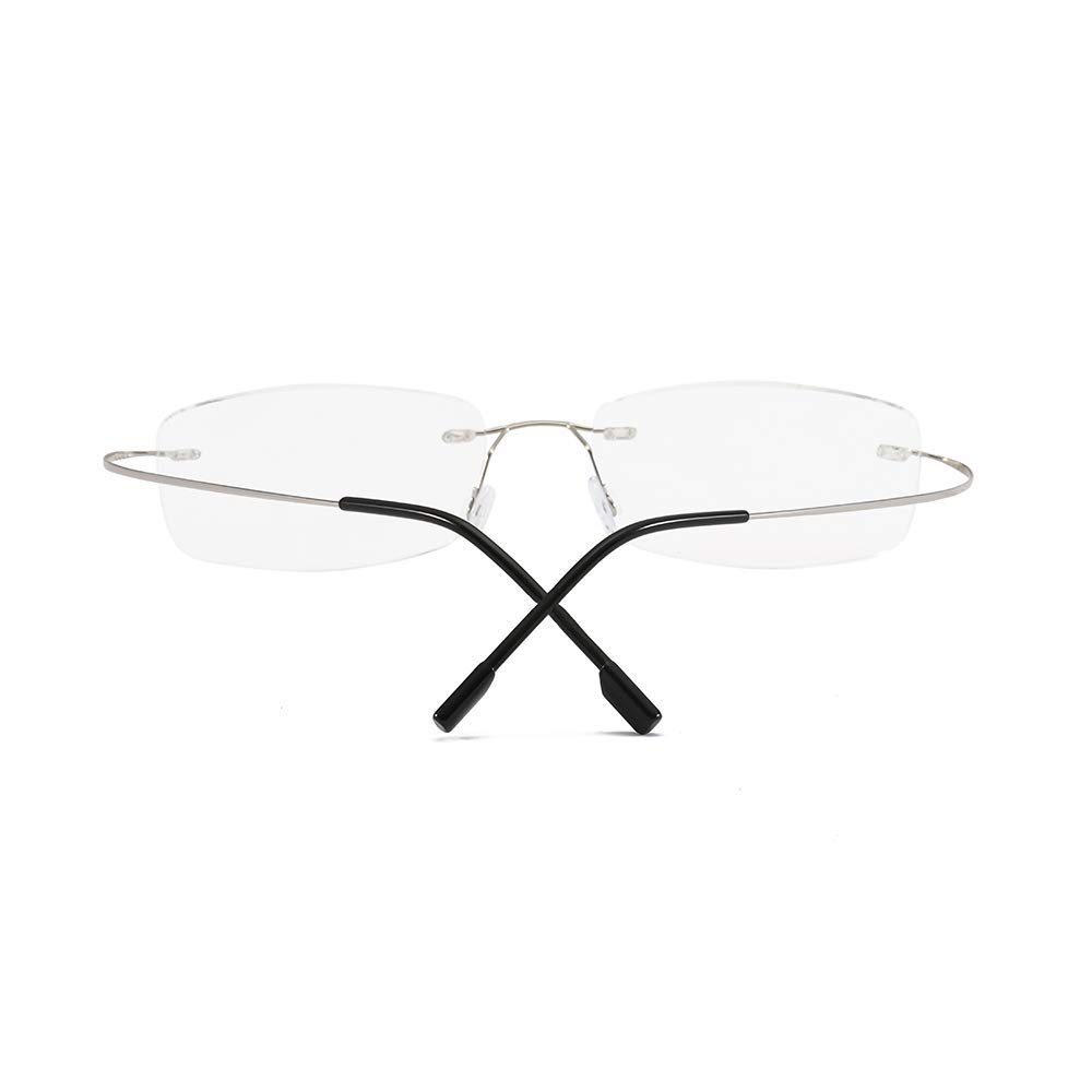 Ramlösa läsglasögon med transparenta glas och svarta skalmar.