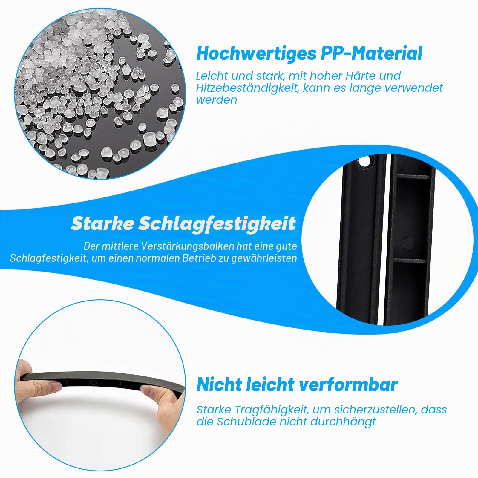 Närbilder visar plastmaterialets granulat, förstärkningsribba och en skena som böjs utan att deformeras.