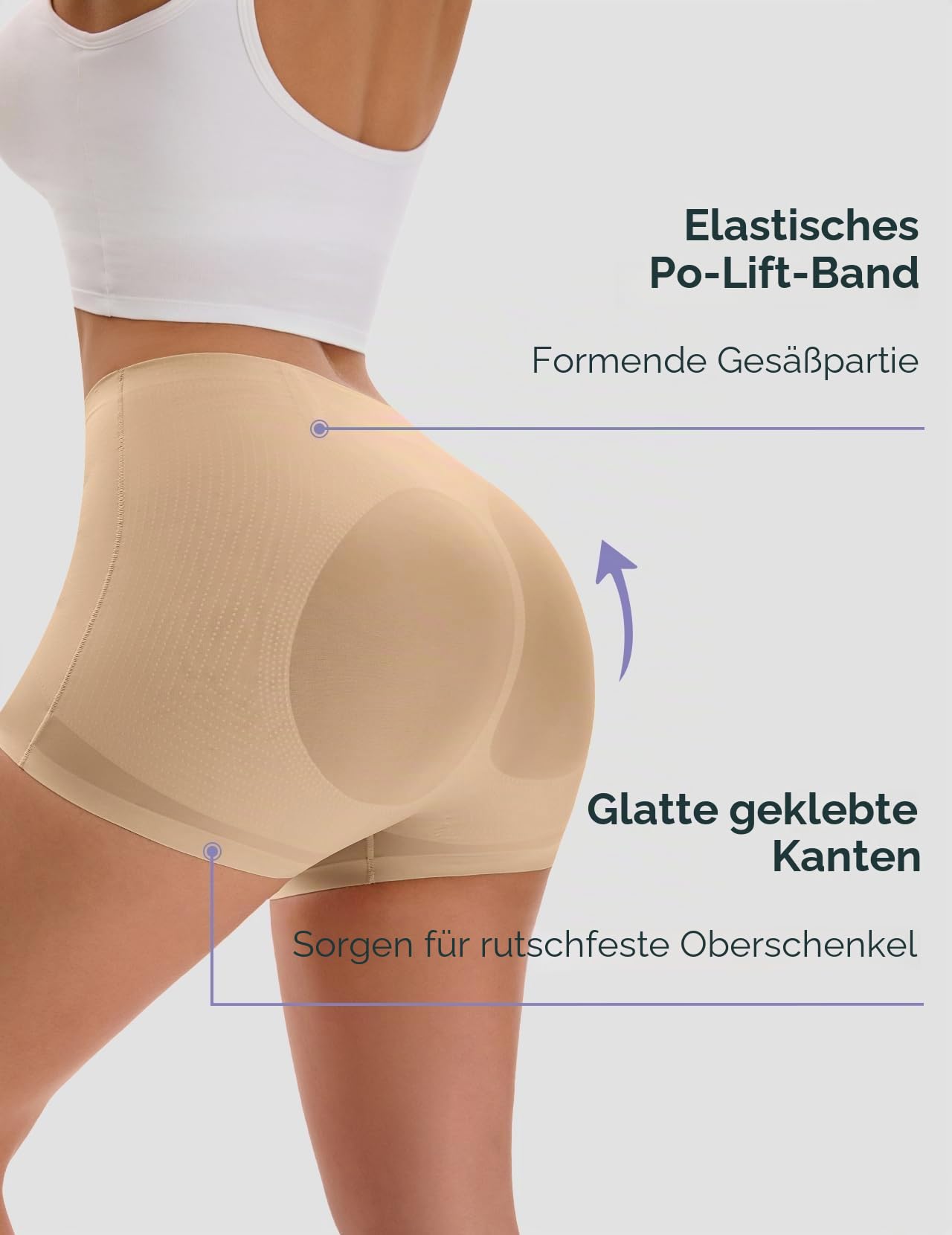 Beige formande trosor med elastiskt band och släta, limmade kanter på en modell.