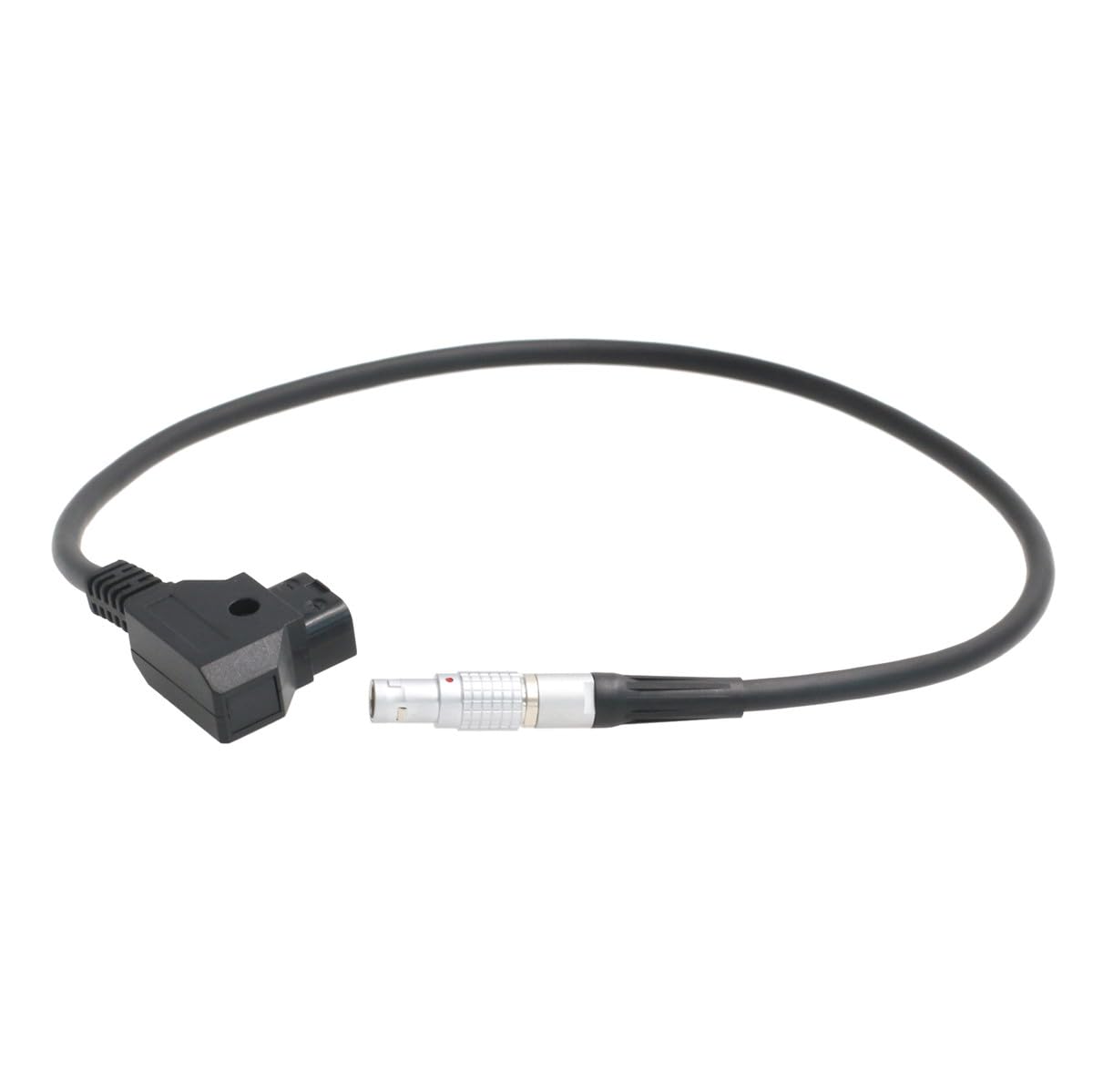 Svart strömkabel med D-Tap-kontakt och 2-polig LEMO-kontakt.