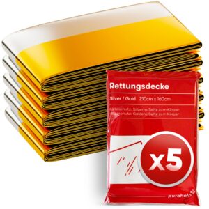 Staplade guld- och silverfärgade räddningsfiltar med röd förpackning framför.
