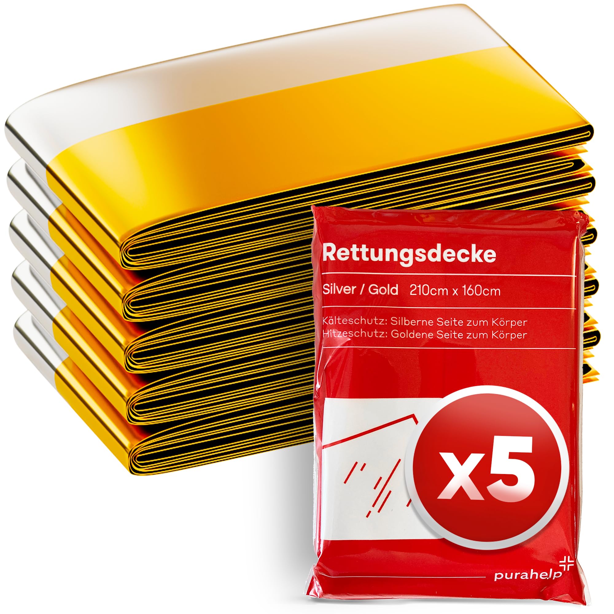 Staplade guld- och silverfärgade räddningsfiltar med röd förpackning framför.