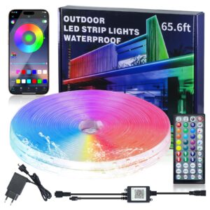 Upprullad RGB LED-list med fjärrkontroll, mobilapp, nätadapter och styrenhet framför förpackningen.