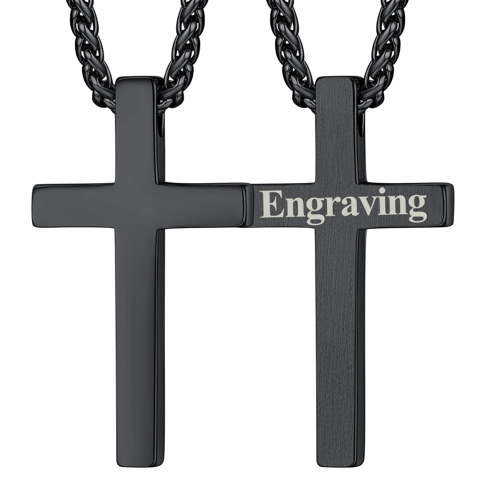 Svart korshalsband med kedja och texten ”Engraving” på korset