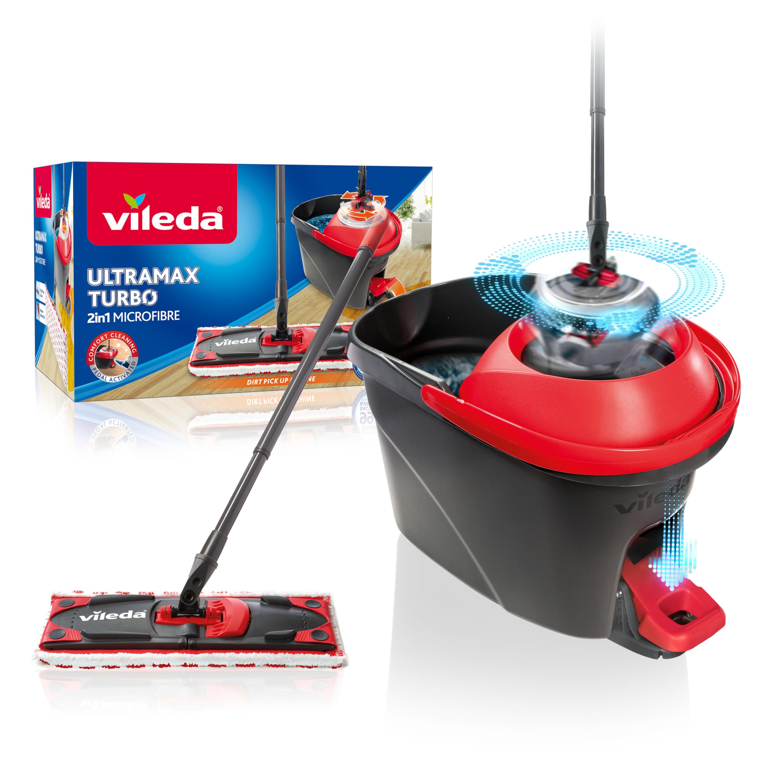 Vileda-moppsystem med mopp, teleskopskaft och hink med röd centrifug.