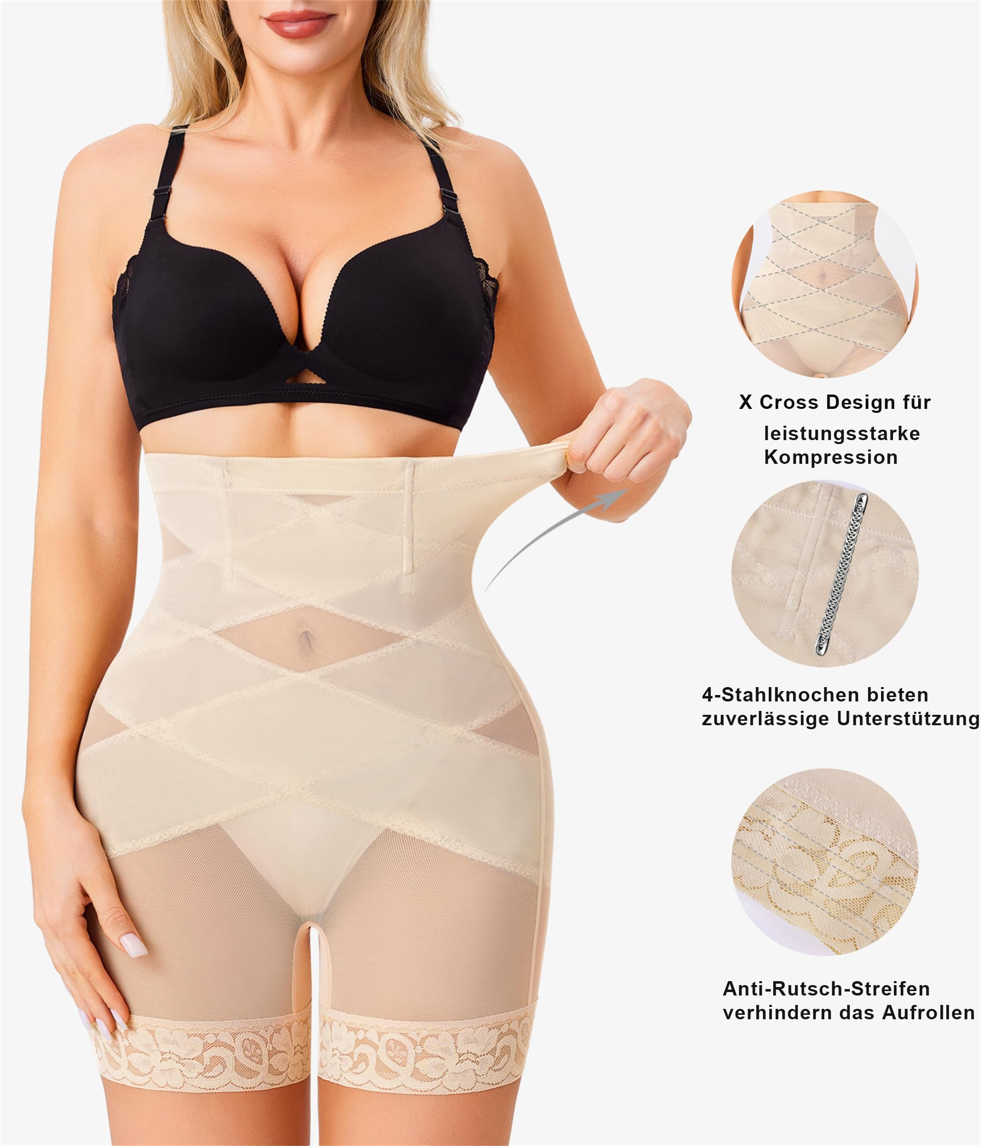 Modell visar beige figurformande shorts med hög midja under bh.