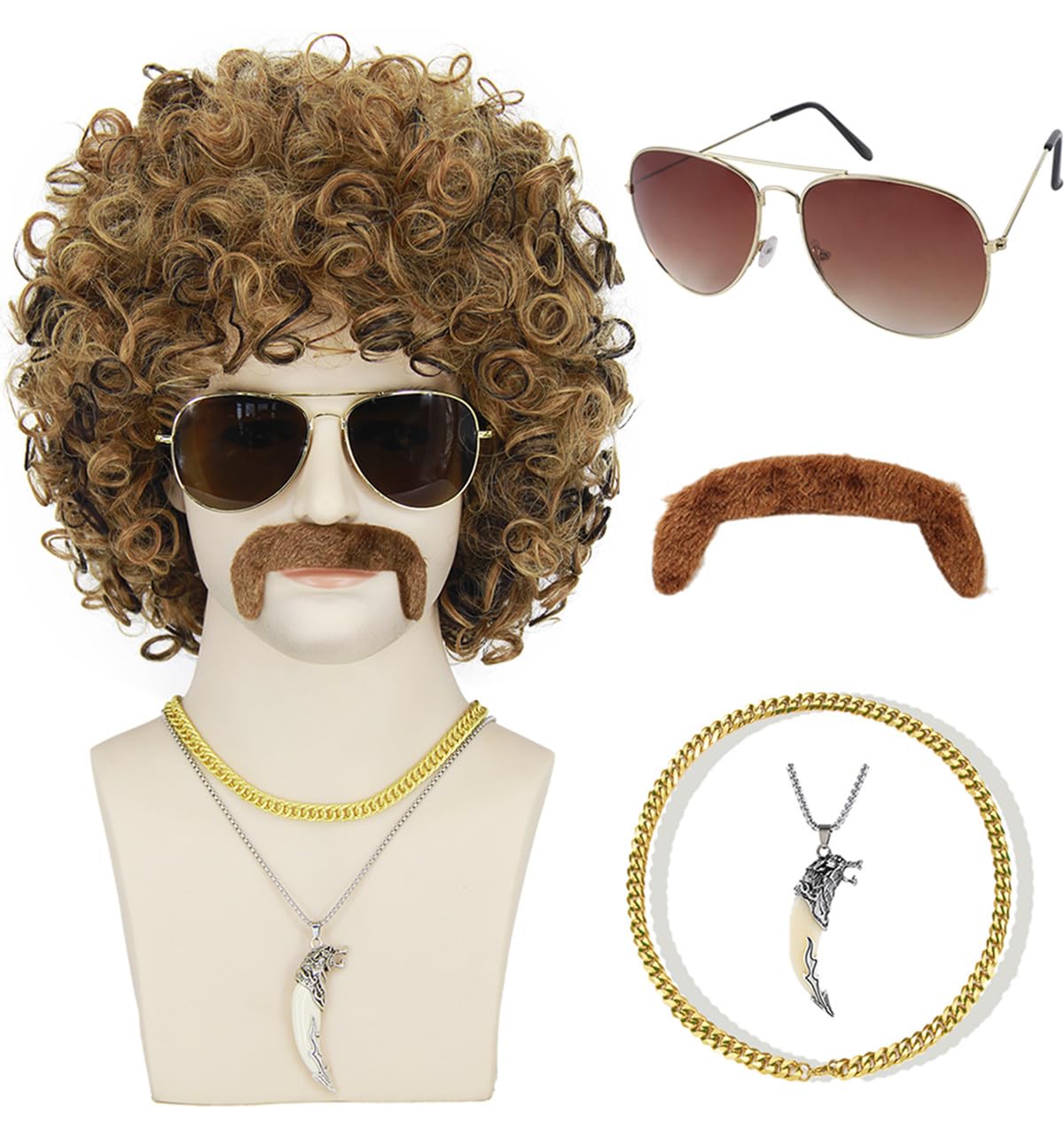 Lockig retroperuk på skyltdocka med solglasögon, lösmustasch och halsband.