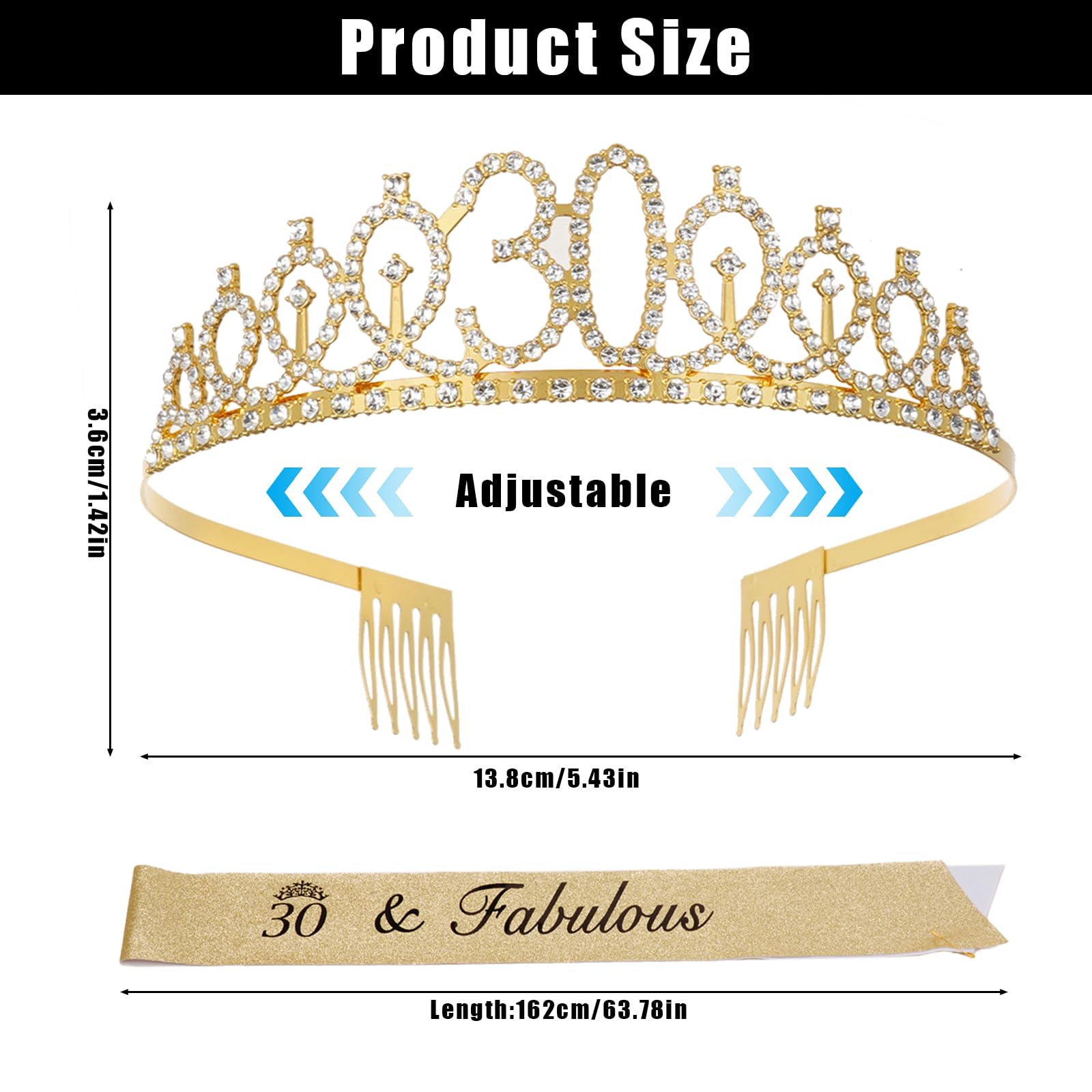 Storleksillustration av guldfärgad tiara med mått och matchande glittrigt skärp.