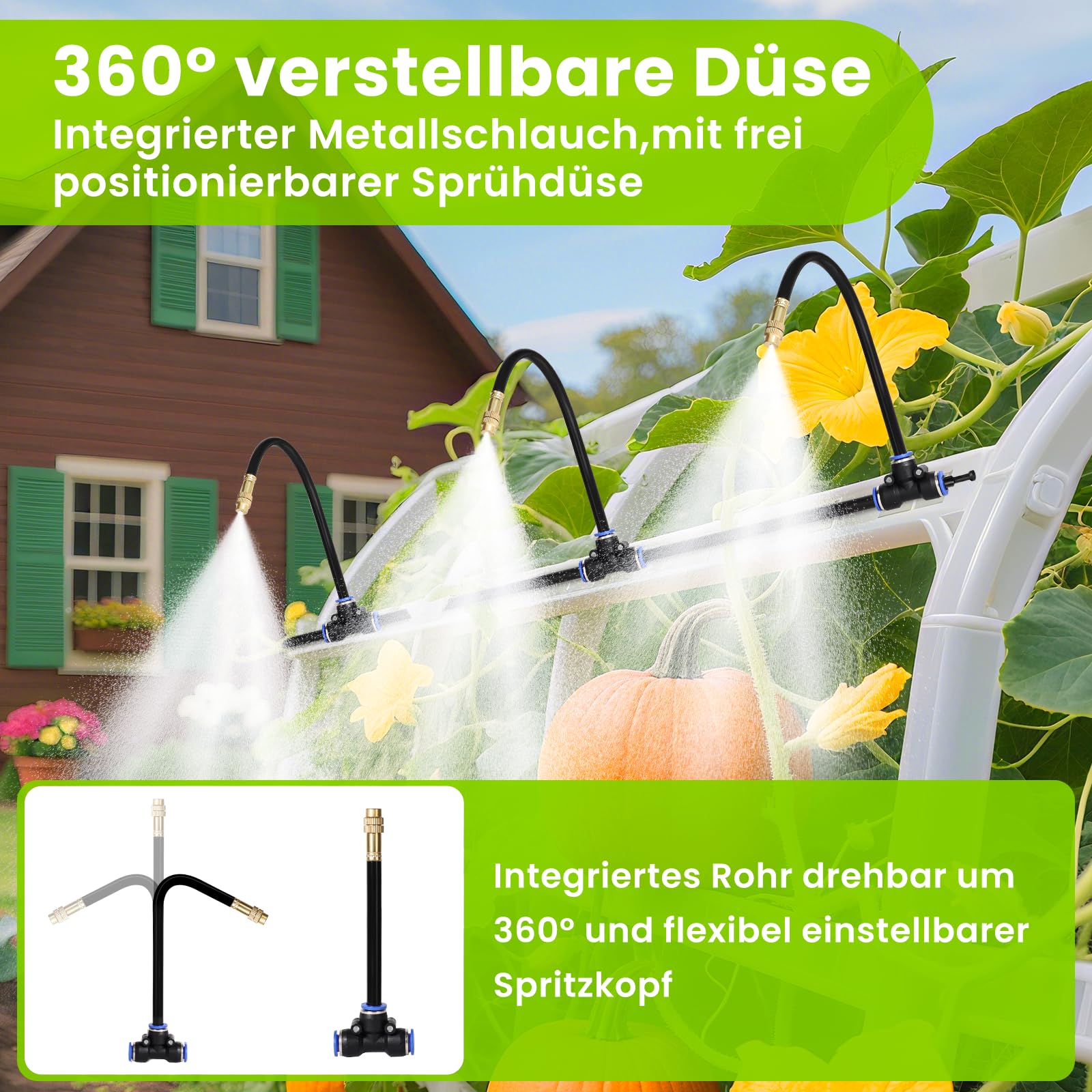 Mikrosprinklersystem med justerbara munstycken som vattnar växter i en trädgård.