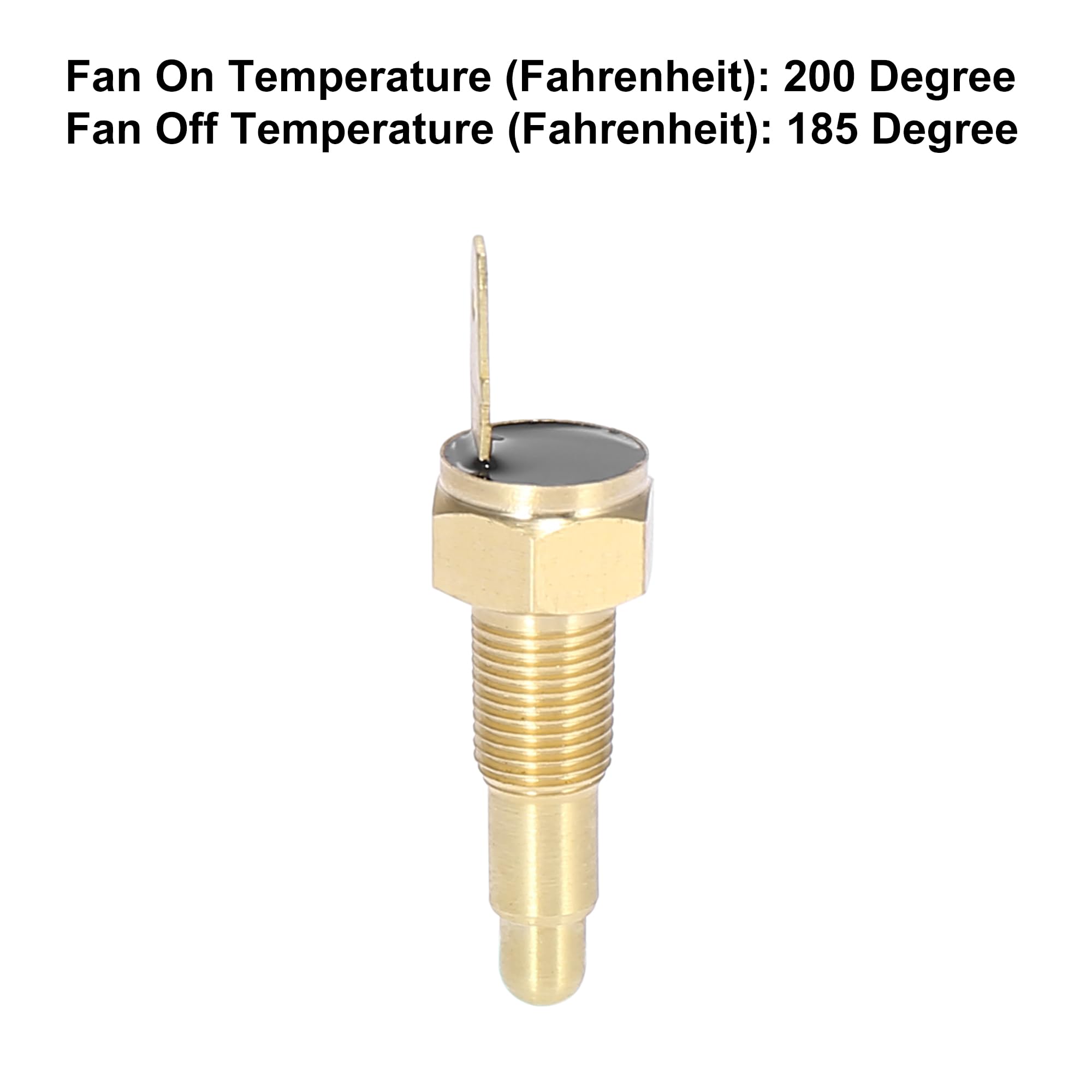 Termokontakt med gängad anslutning och kontaktstift, med angivna på- och avtemperaturer.