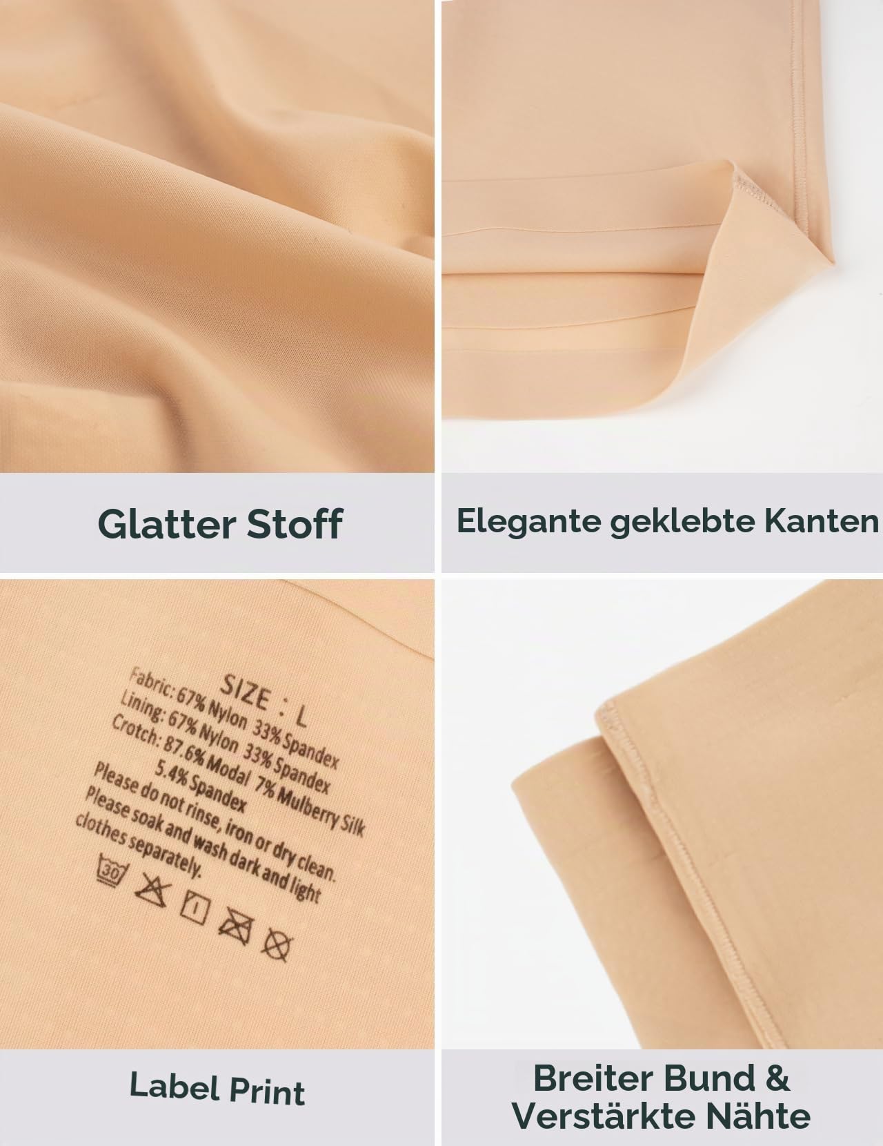 Detaljbilder av beige tyg, veckad kant, tryckt etikett och bred linning.