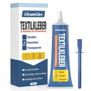 GleamGlee textillim i tub med förpackning och blå kork bredvid.