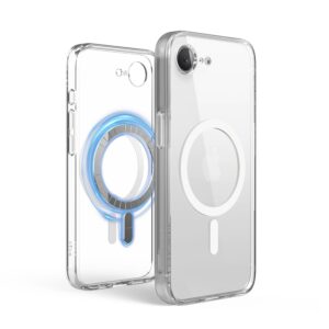 Genomskinligt mobilskal med MagSafe-ring, visat framifrån och bakifrån.