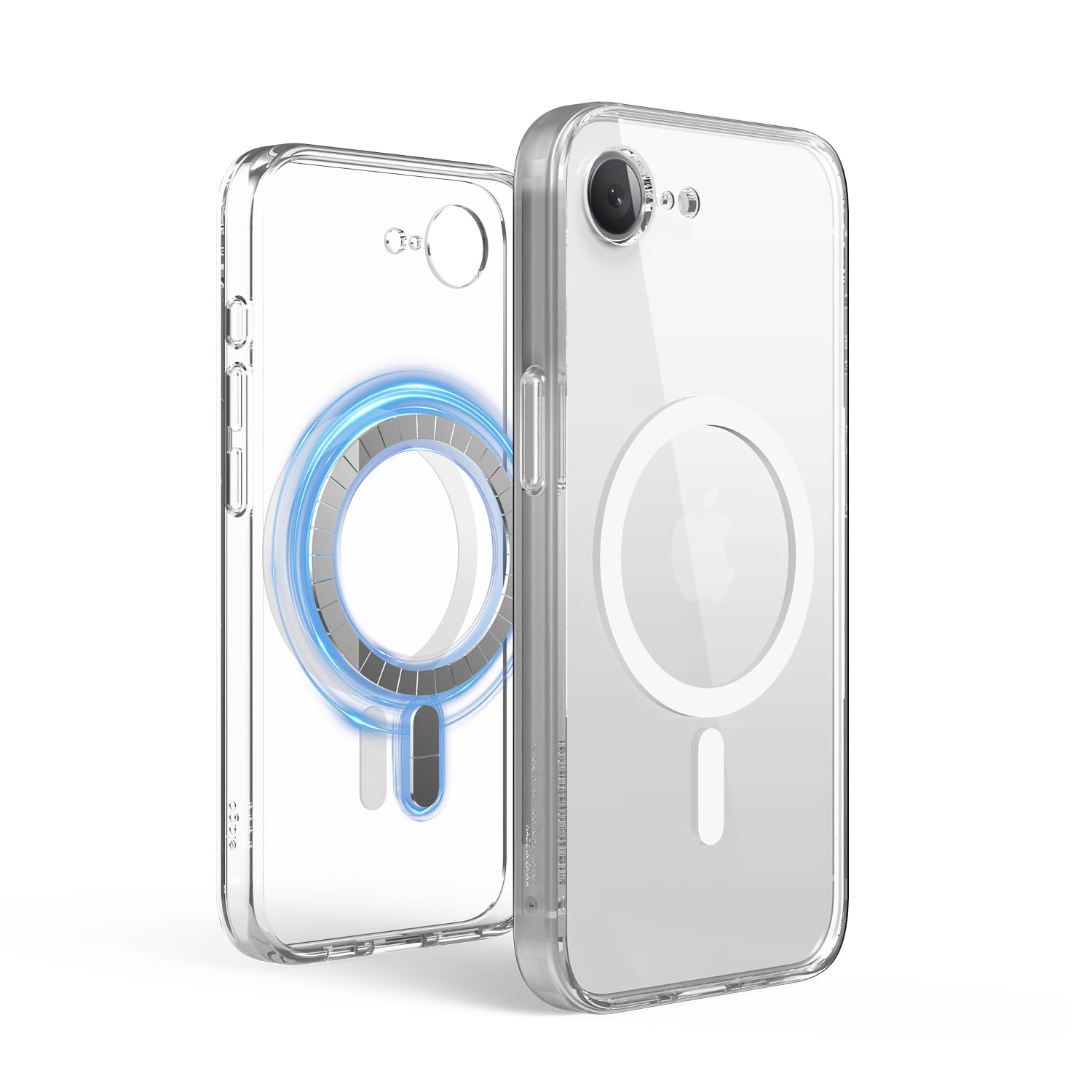 Genomskinligt mobilskal med MagSafe-ring, visat framifrån och bakifrån.