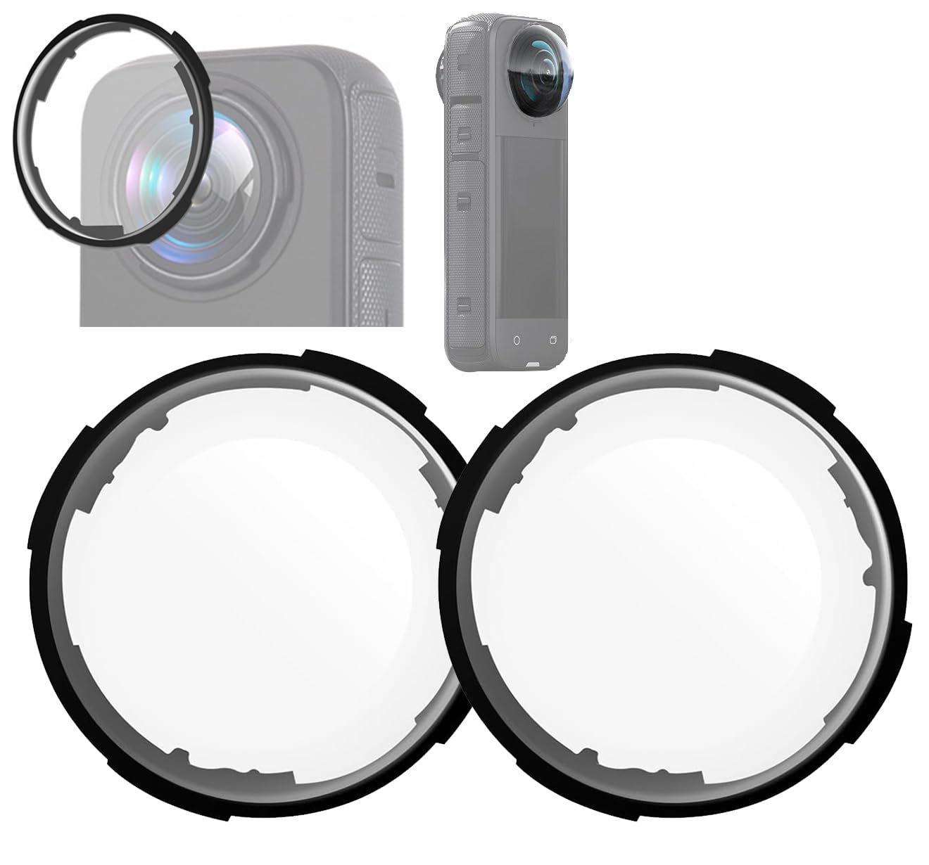 Två svarta linskydd visas tillsammans med en Insta360 X4-kamera.