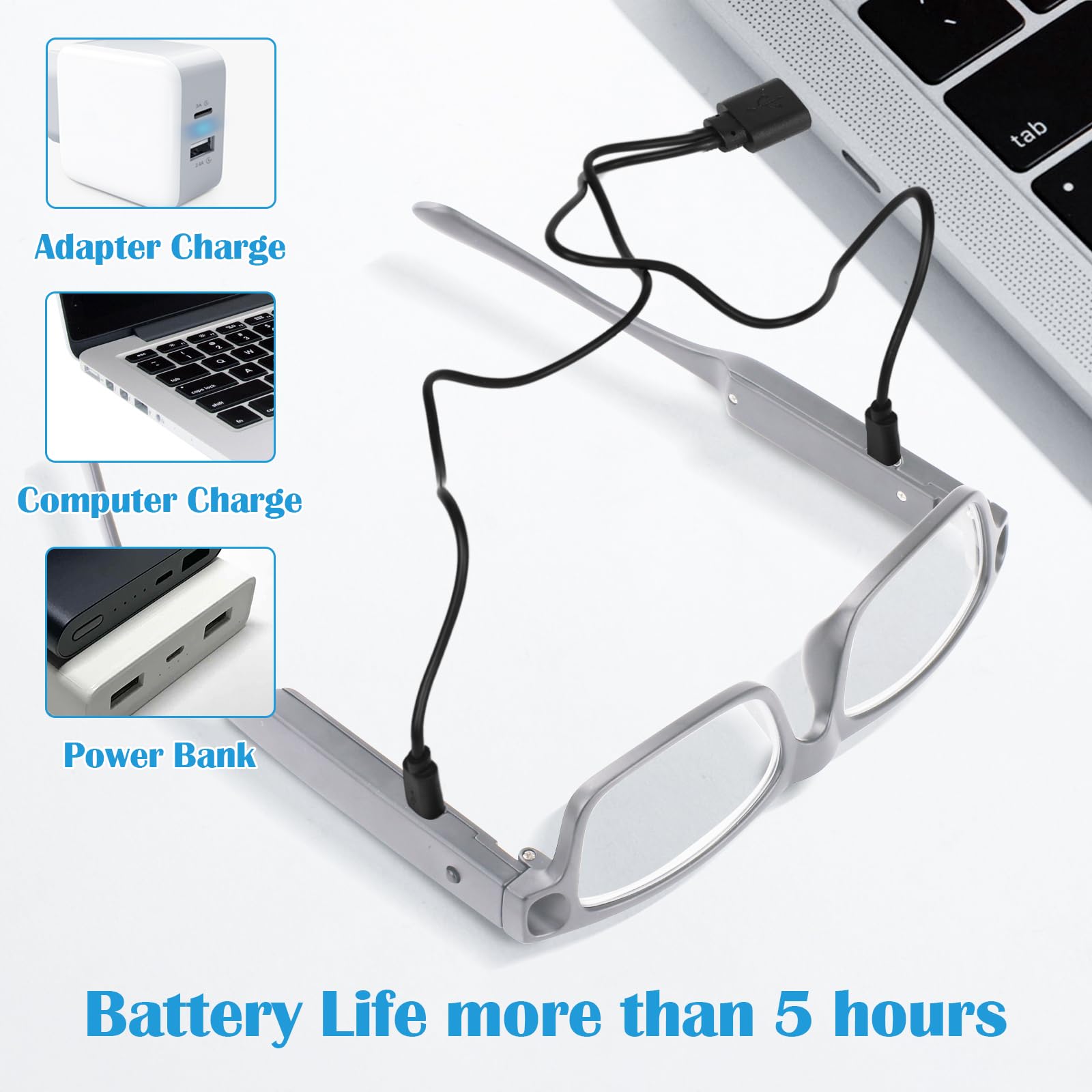 Förstoringsglasögon med ansluten USB-kabel och LED-belysning, visade med laddningsalternativ.