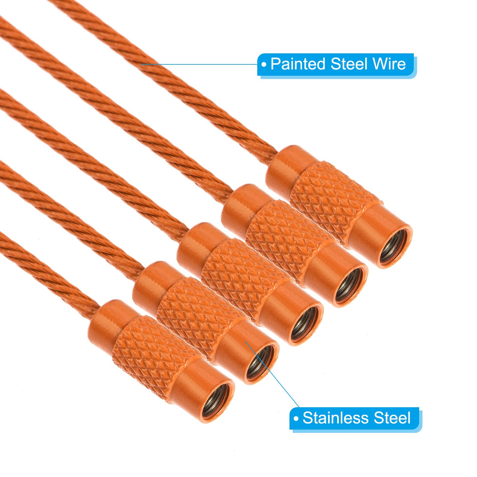 Närbild av fem orange vajerändar med räfflade metallhylsor och invändiga gängor.