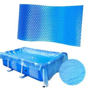 Blå bubbelpoolduk ovanför en uppblåsbar pool, med rund detaljbild av bubbelmönstret.