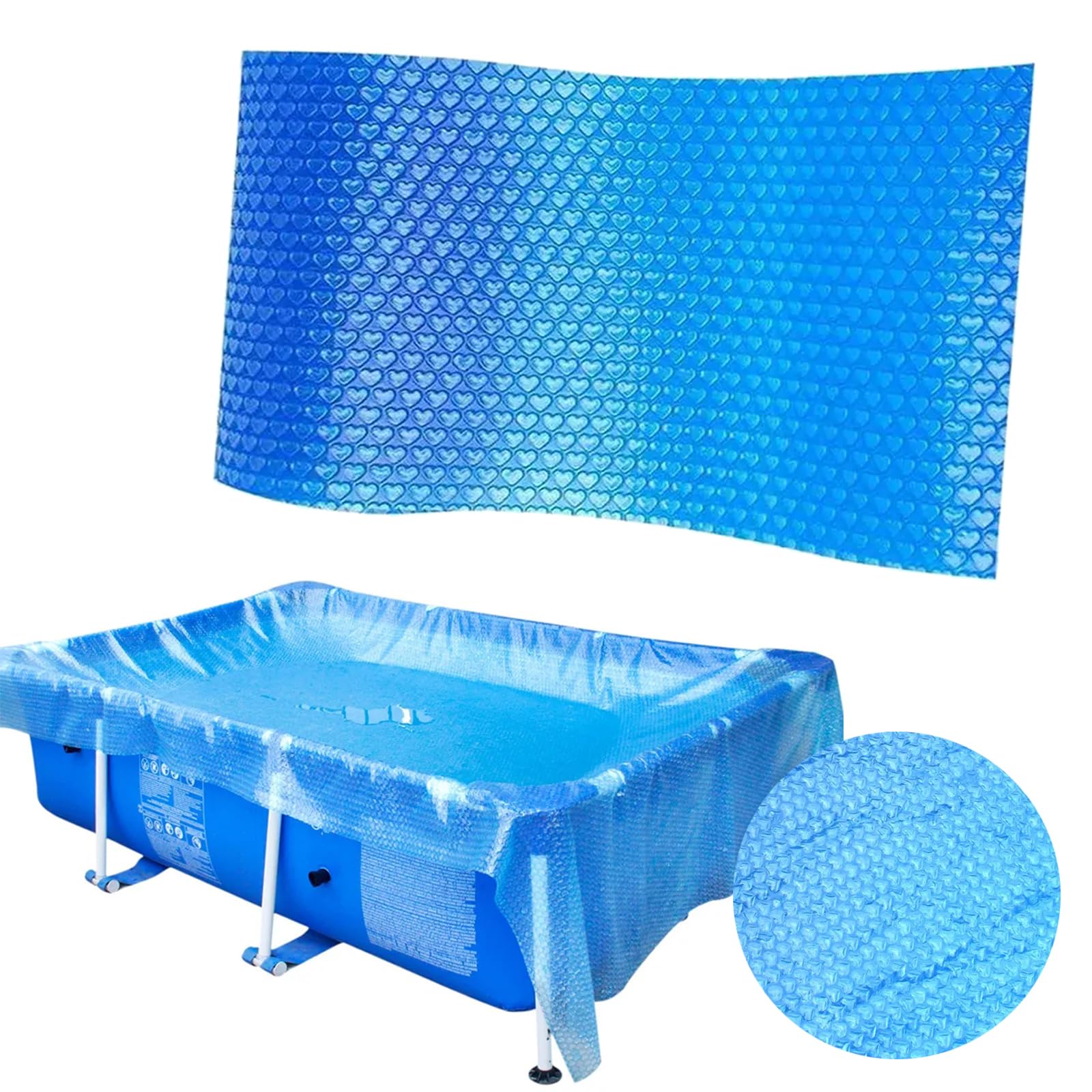 Blå bubbelpoolduk ovanför en uppblåsbar pool, med rund detaljbild av bubbelmönstret.