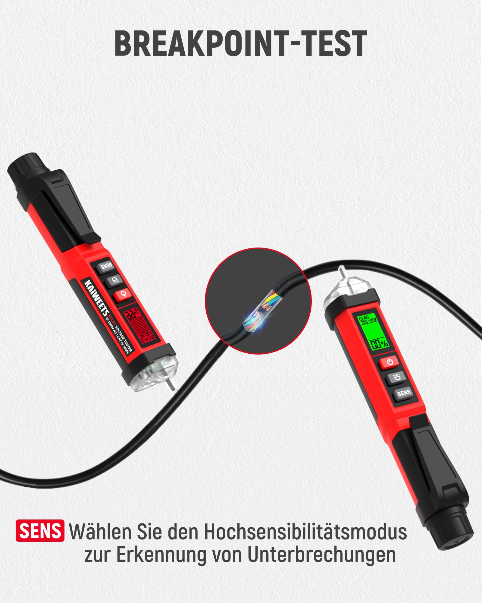 Två röda spänningsprovare med kabel; en infälld bild visar kabelns ledare vid brytpunktstest.