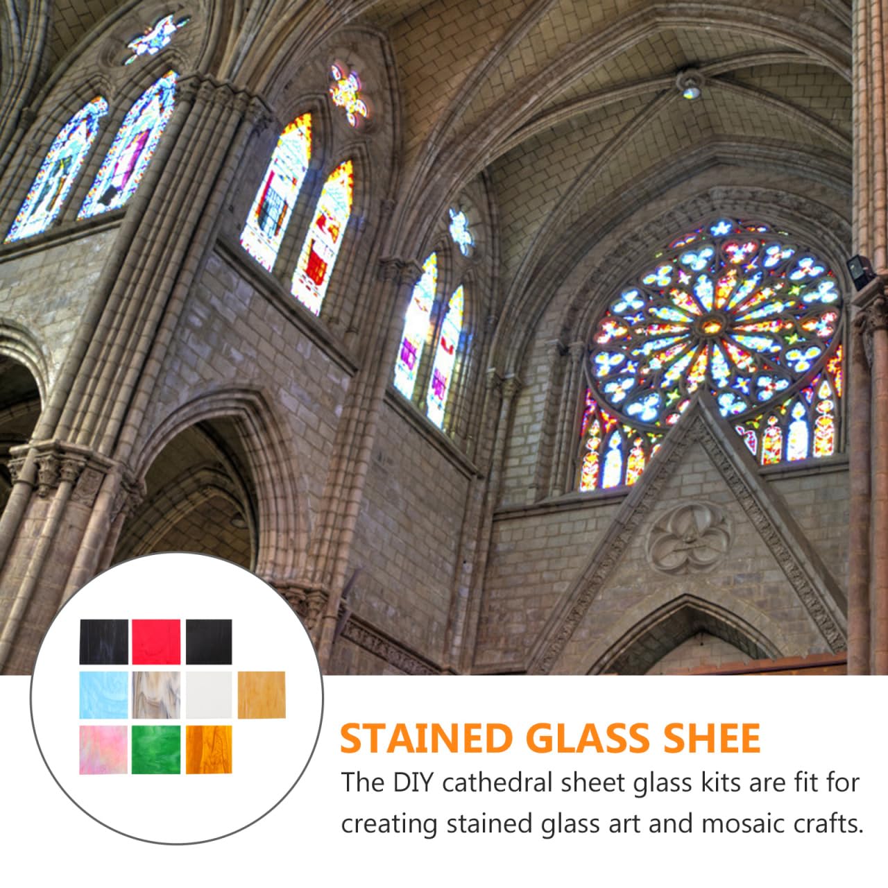 Färgglada glasmosaikark visas framför ett fotografi av en katedral med målade glasfönster.
