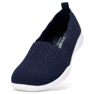 Marinblå slip-on-sko med stickad ovandel, vit sula och hälögla.