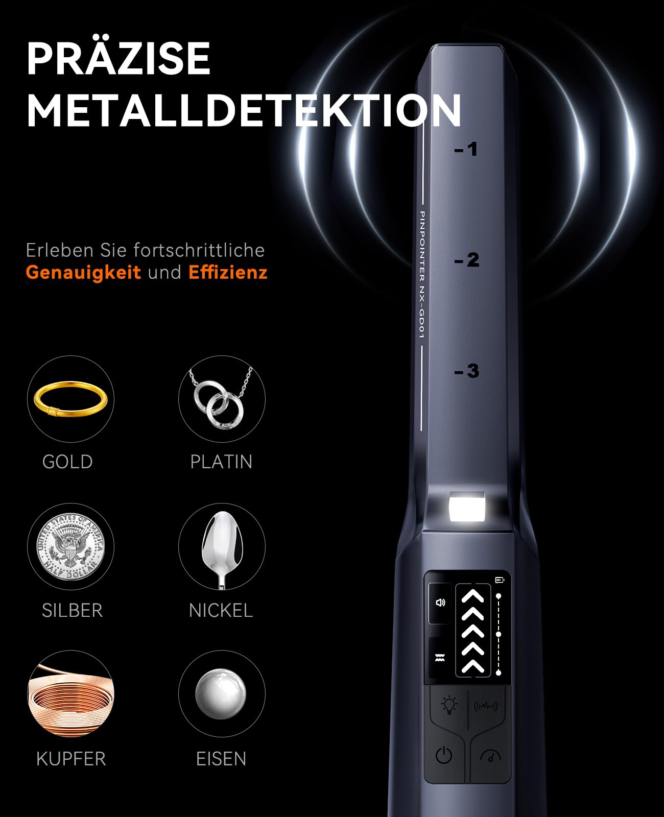 Handhållen metalldetektor med LCD-skärm och illustrationer av olika metaller.