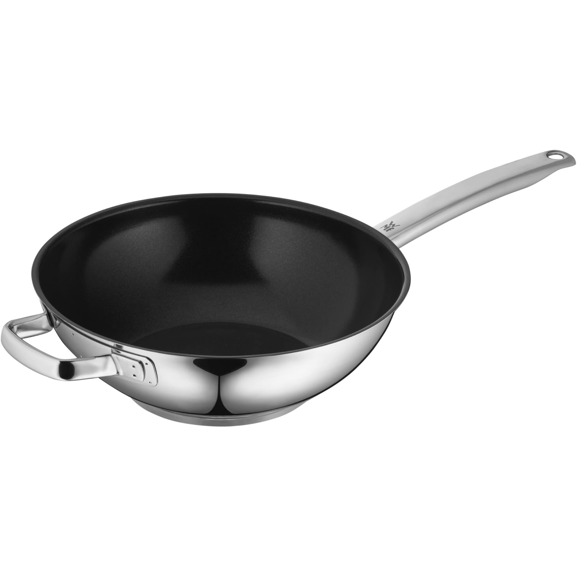 Svart wokpanna med två handtag och långt handtag i rostfritt stål.