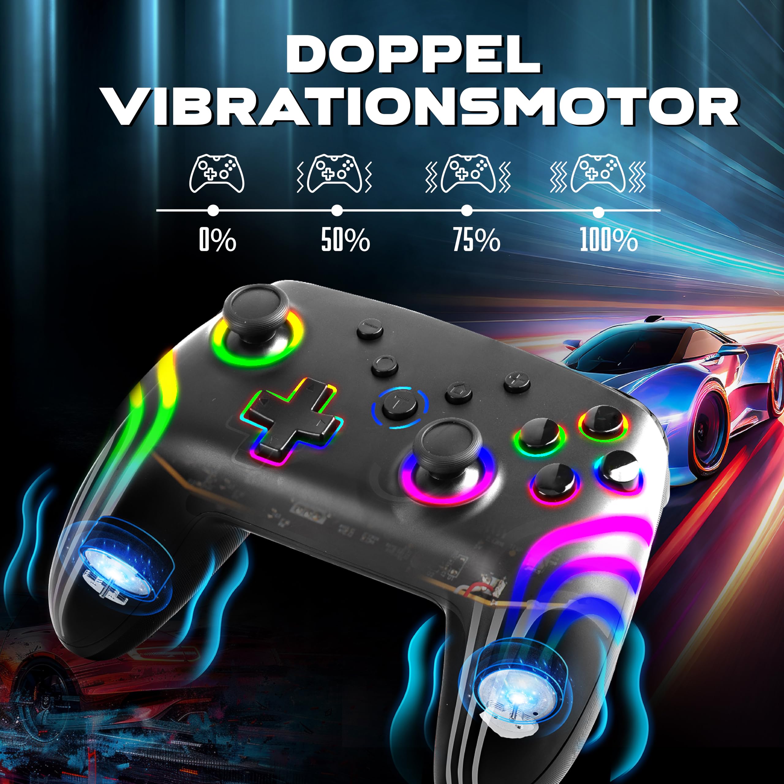 Trådlös spelkontroll med färgskiftande RGB-belysning, dubbla vibrationsmotorer och sportbil i bakgrunden