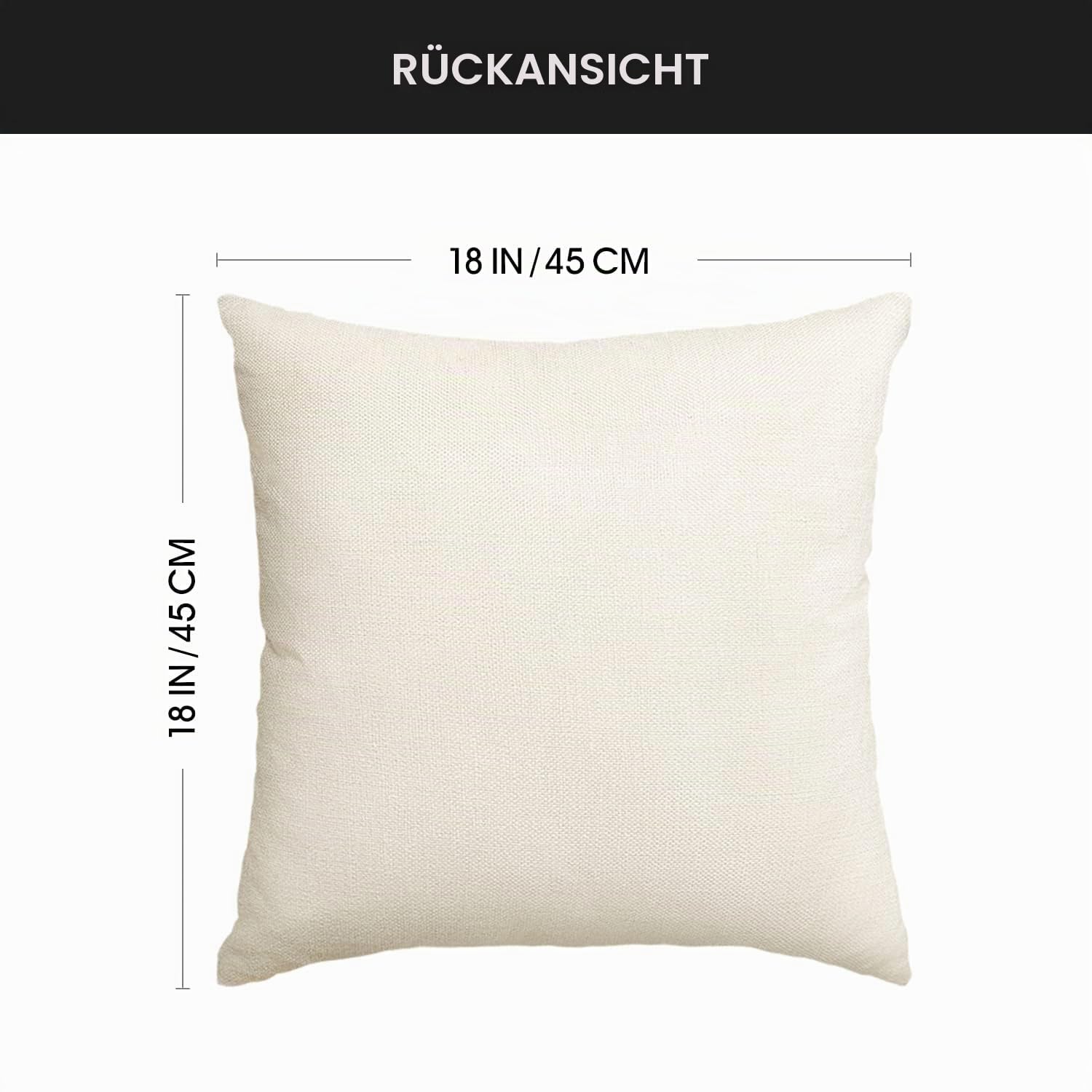 Baksidan av ett ljust kuddfodral, med måttangivelser på 45 × 45 cm