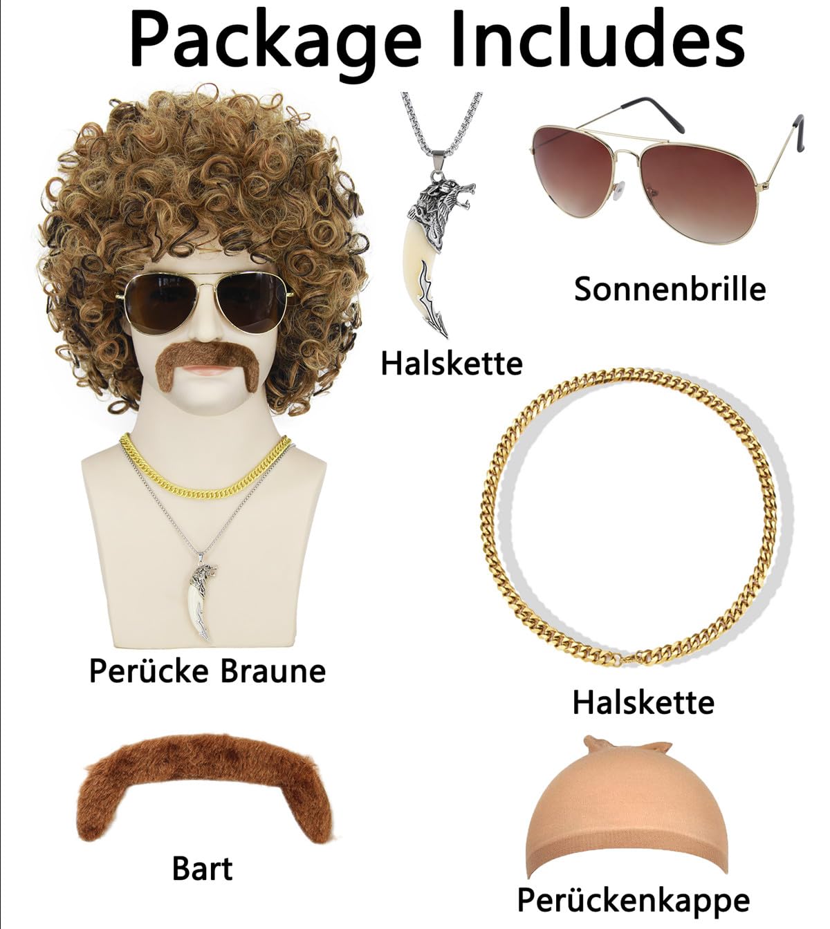 Lockig brun peruk på skyltdocka med solglasögon, halsband, lösmustasch och peruknät.