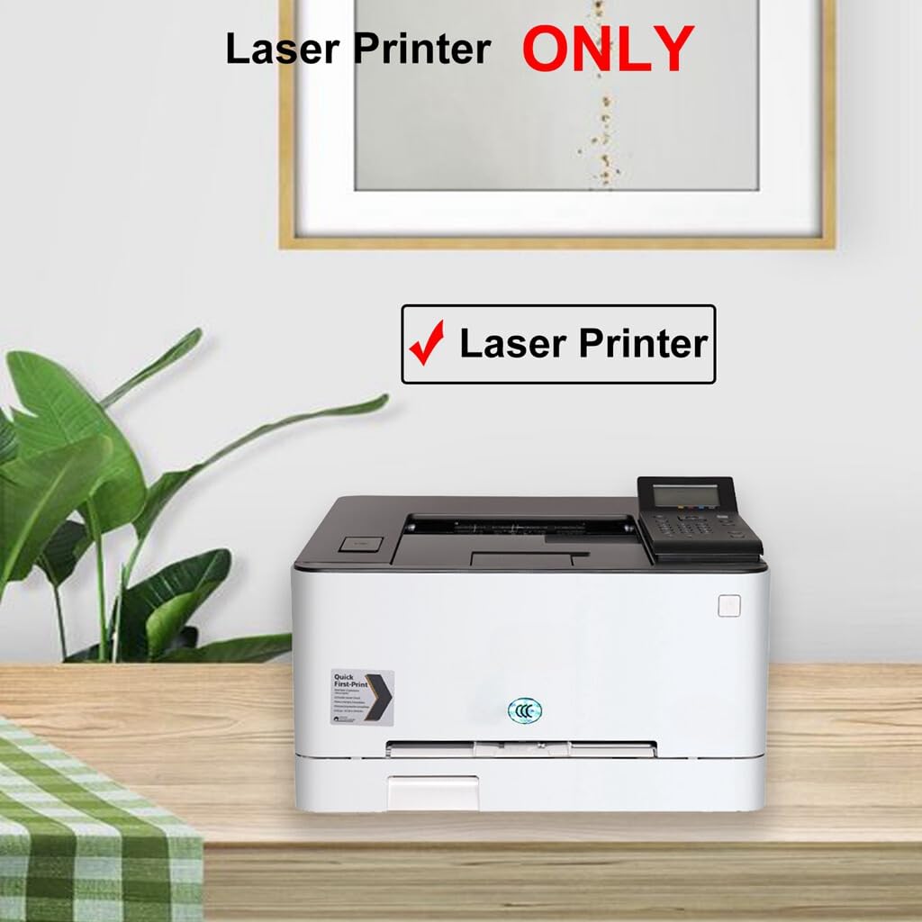 Vit laserskrivare med tydlig märkning att den endast är avsedd för laserutskrift.