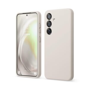 Gråbeige elago-skal för Samsung Galaxy S25, visat framifrån och bakifrån.